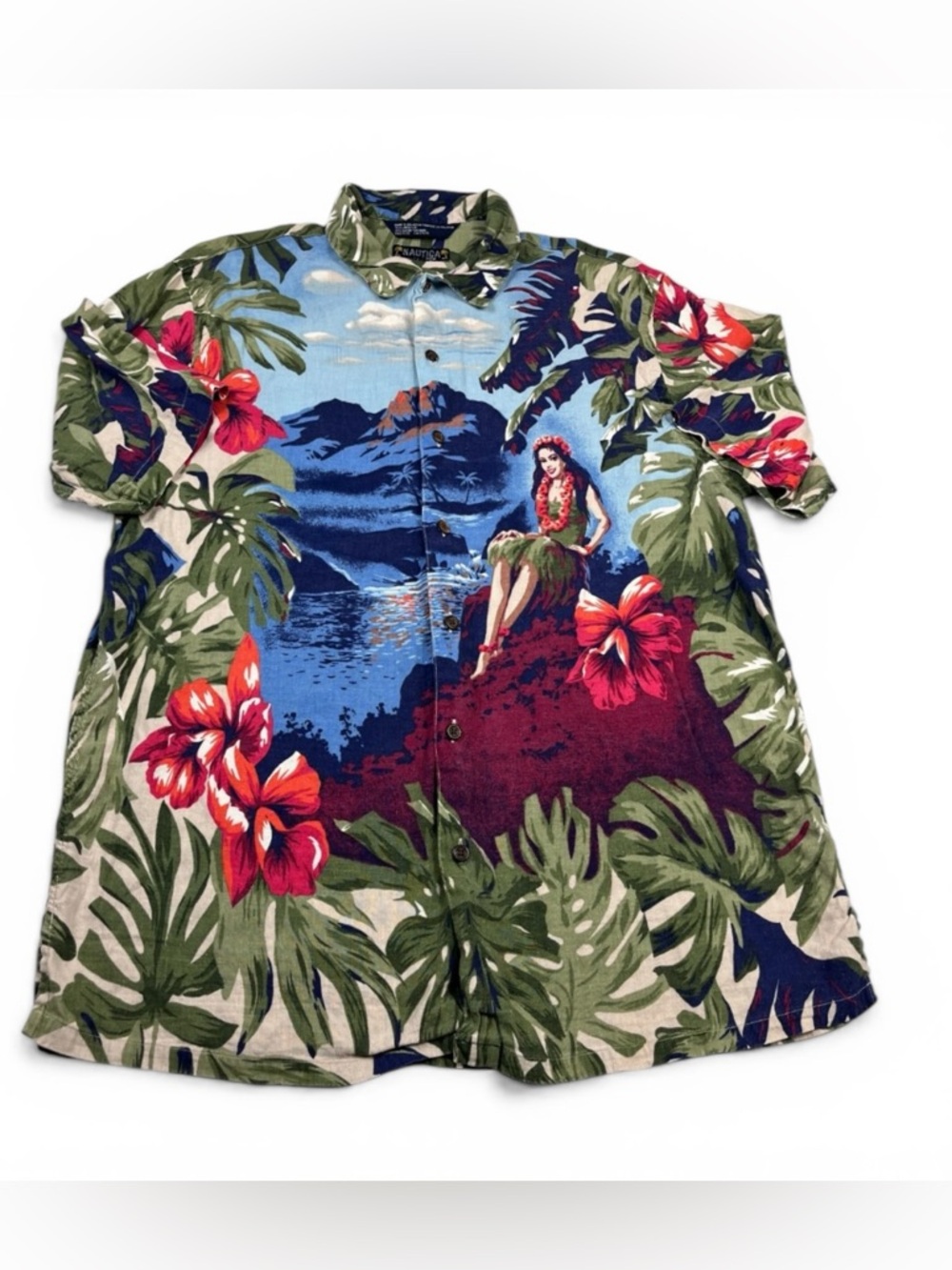 Nautica Mens VTG Hawaiian Hula Girl Button Camp Shirt Short Sleeve Linen Blend M